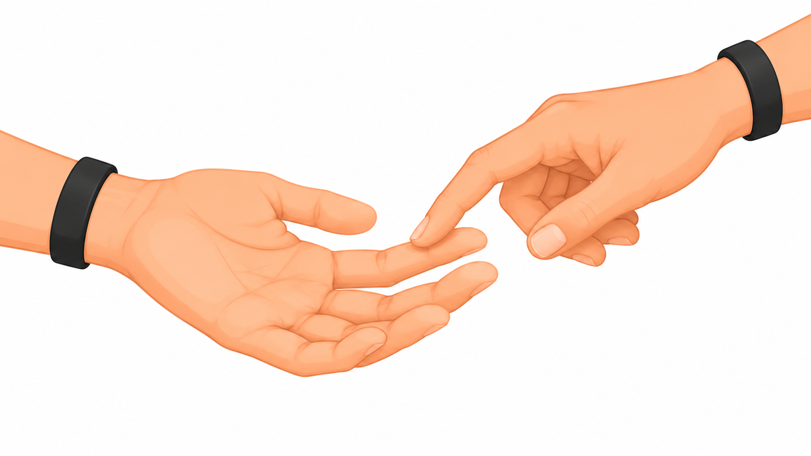 One index finger gently taps a phalange on another person’s open hand.