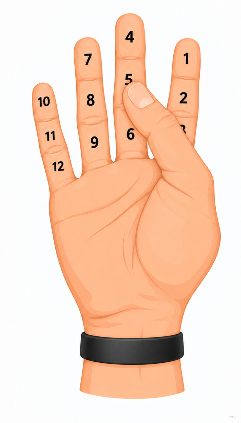 A right thumb reaches across the same right palm to select one of its numbered phalanges.