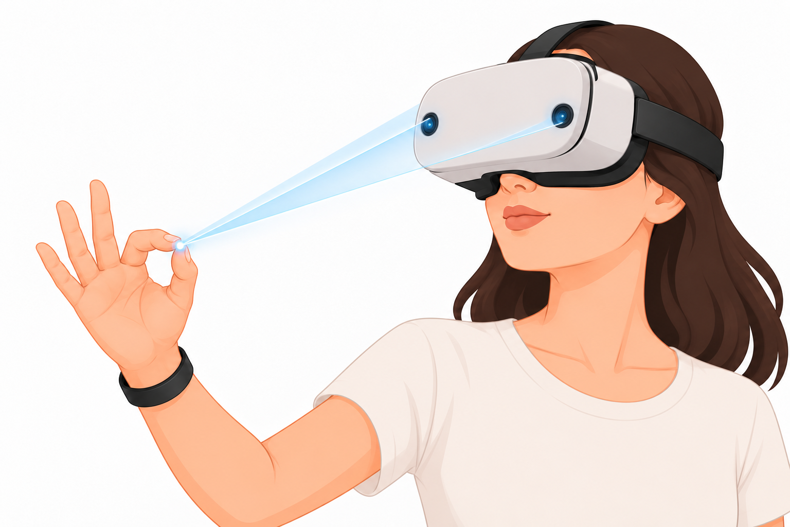 A person wearing a VR headset with visible cameras tracks a right-hand gesture as the thumb touches the index fingertip.